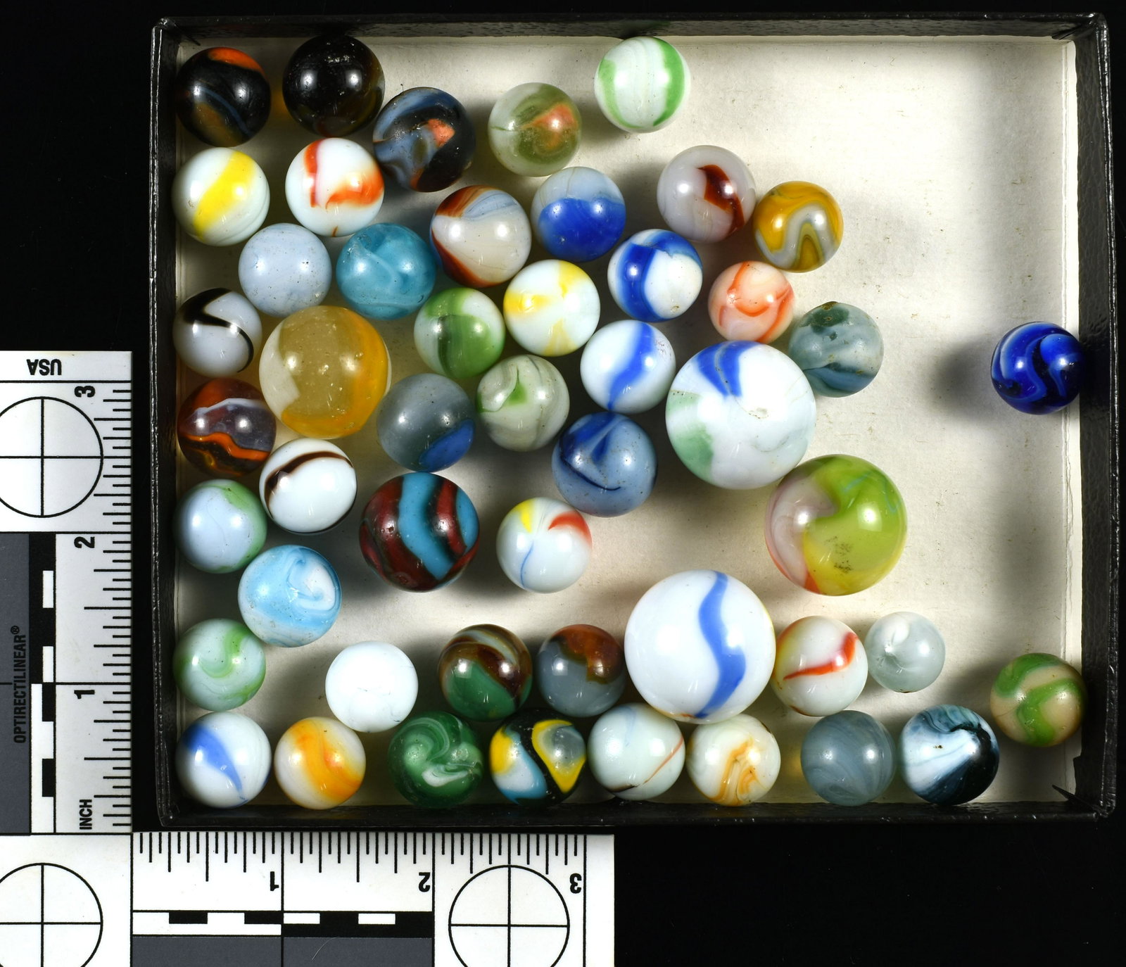 Vintage Mixed Lot of Marbles: Nice assortment of marbles from several manufacturers, Akro Agates, Marble King Rainbows, and some other agate swirl types.