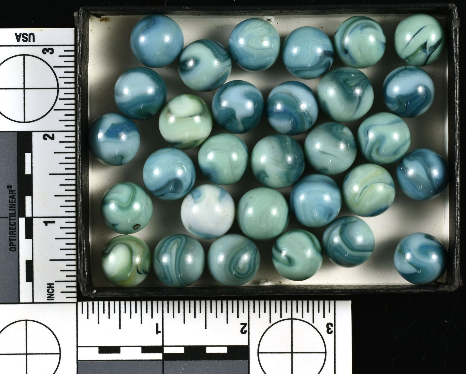 Large lot of Vintage Akro Agate Marbles: Blues and greens. Nice!