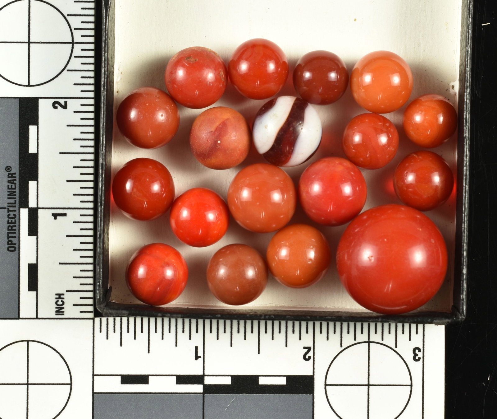 18 Vintage Carnelian Marbles: Includes one Akro Agate Corkscrew and a Shooter. Nice lot!