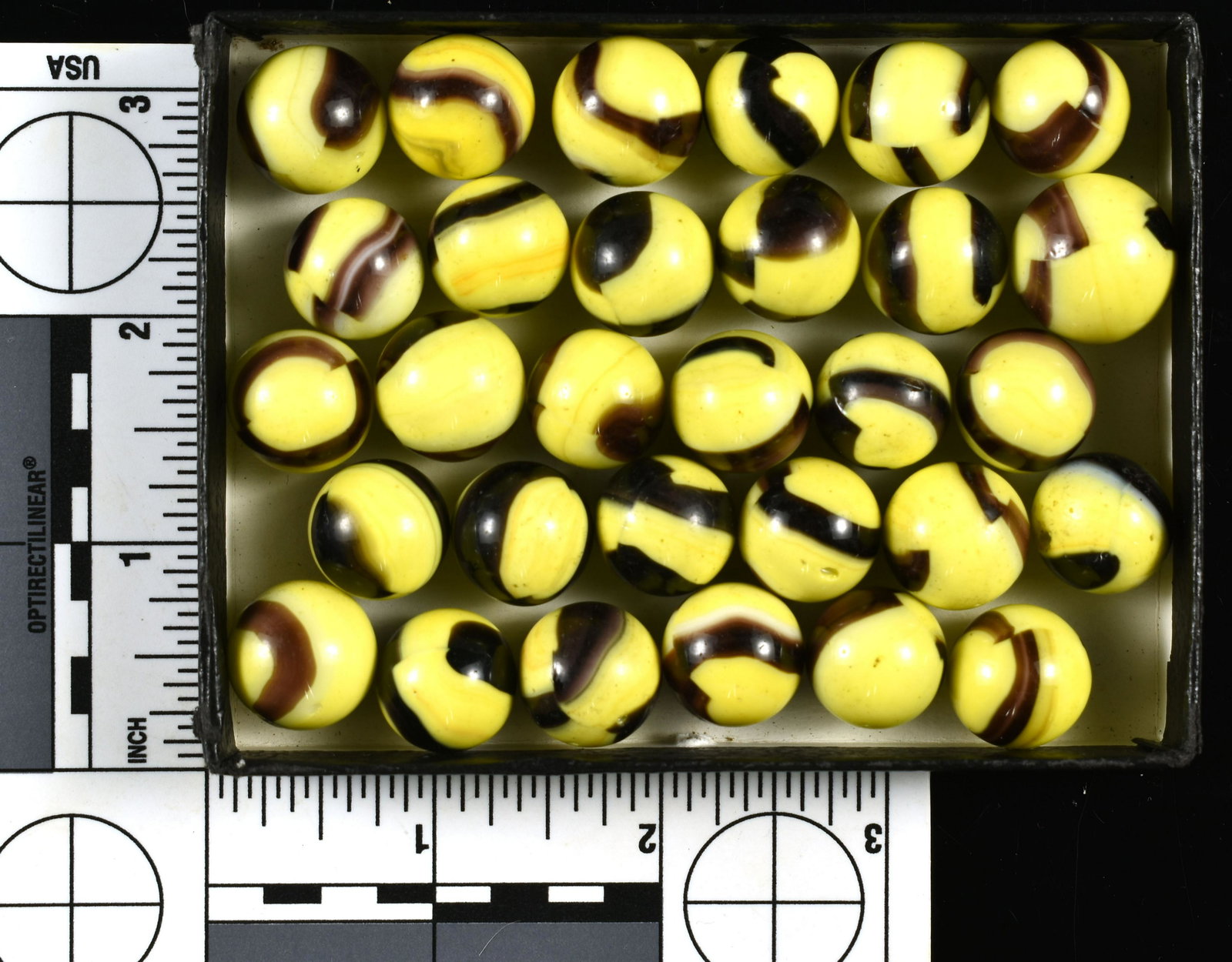 30 Vintage Marble King Bumblebee Marbles: Gorgeous Yellow and Purple lot. Nice!