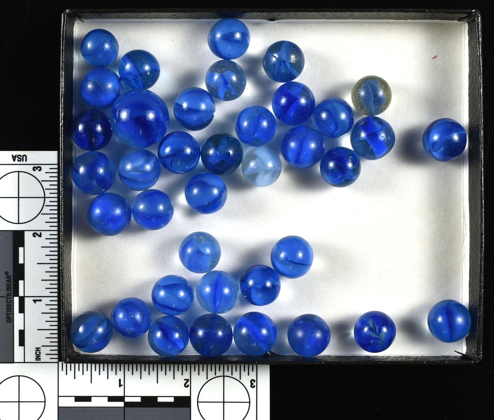 Large Lot of Vintage Blue Cat's Eye Marbles: Blue on clear. Bogard?