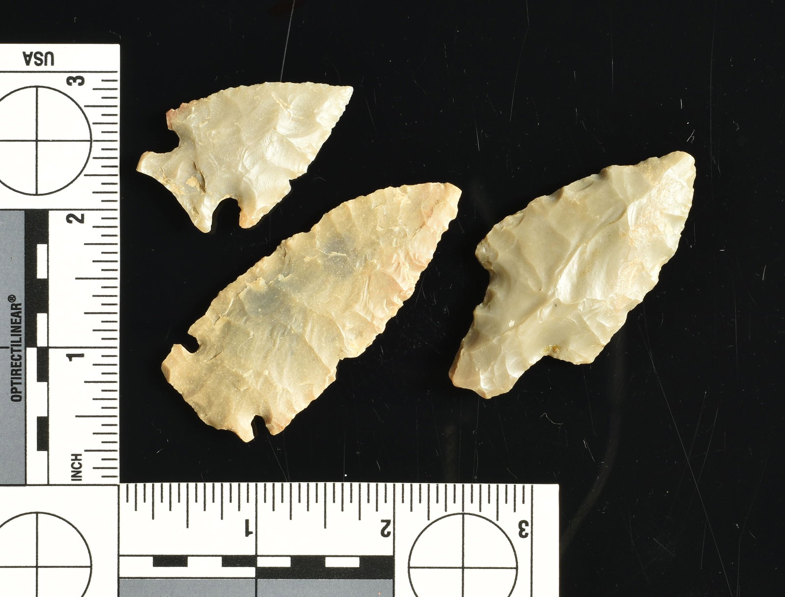 3 Nice Carter Cave Arrowheads: Big Sandy, Intrusive Mound, and Adena. All have great color and are semi-translucent. All found in Bath Co., Kentucky. Ex- 'Pop' Williams Collection.