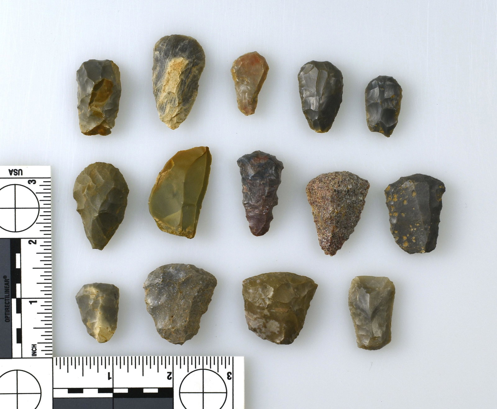 Collection of 14 Kentucky Thumb Scrapers: Hornstone, Boyle, Fort Payne, Breathitt, and St. Louis Green examples. Great to collect. Great study.