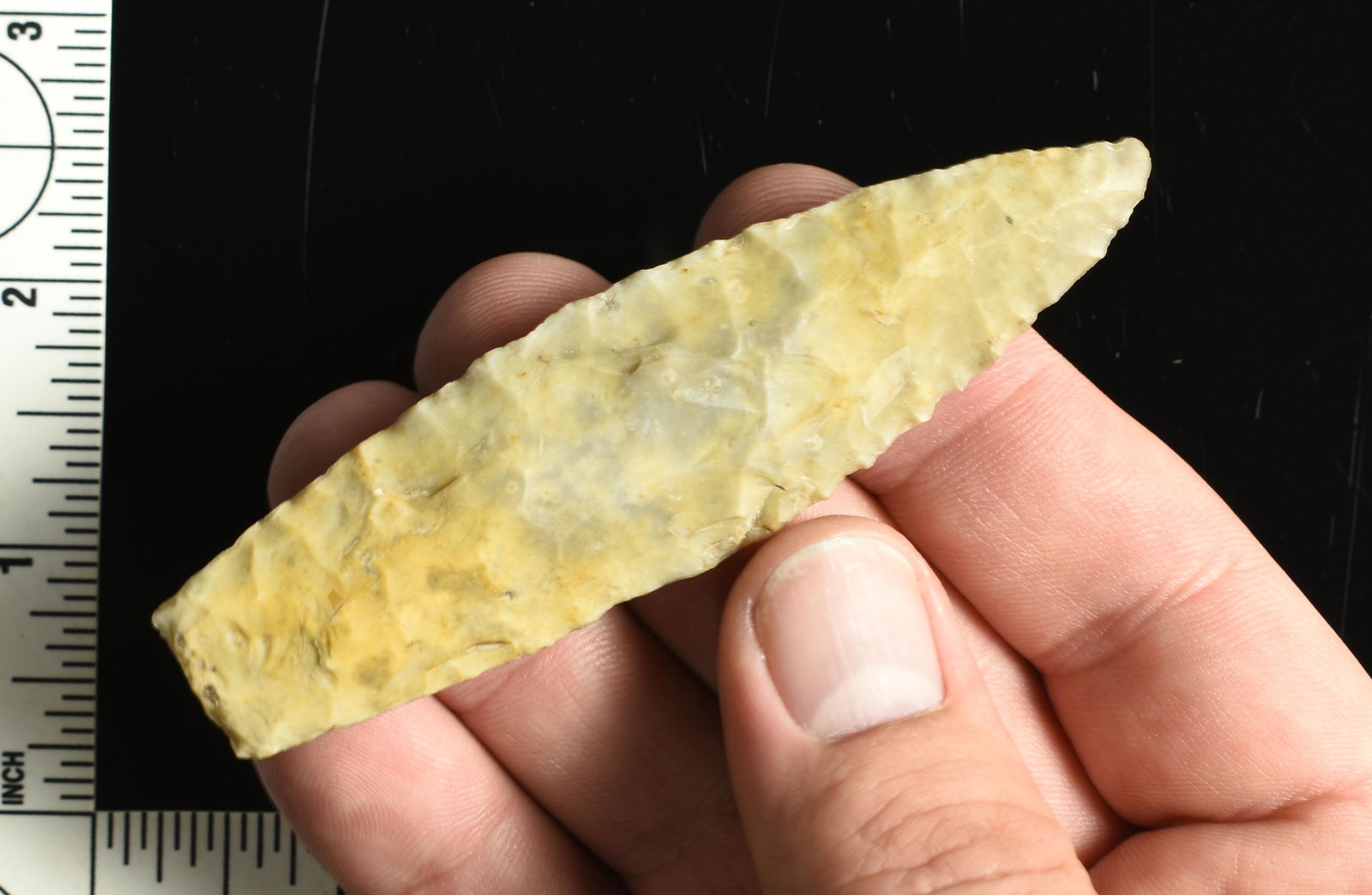 3 3/4" Flint Ridge Agate Basin - Jackson G-9 COA: Made of extra pretty yellow, gray, and cream colored Flint Ridge. Flaked to a median ridge on both sides. Found in Holmes Co., Ohio. Ex- Ray Allen Collection. Jackson G-9 COA.