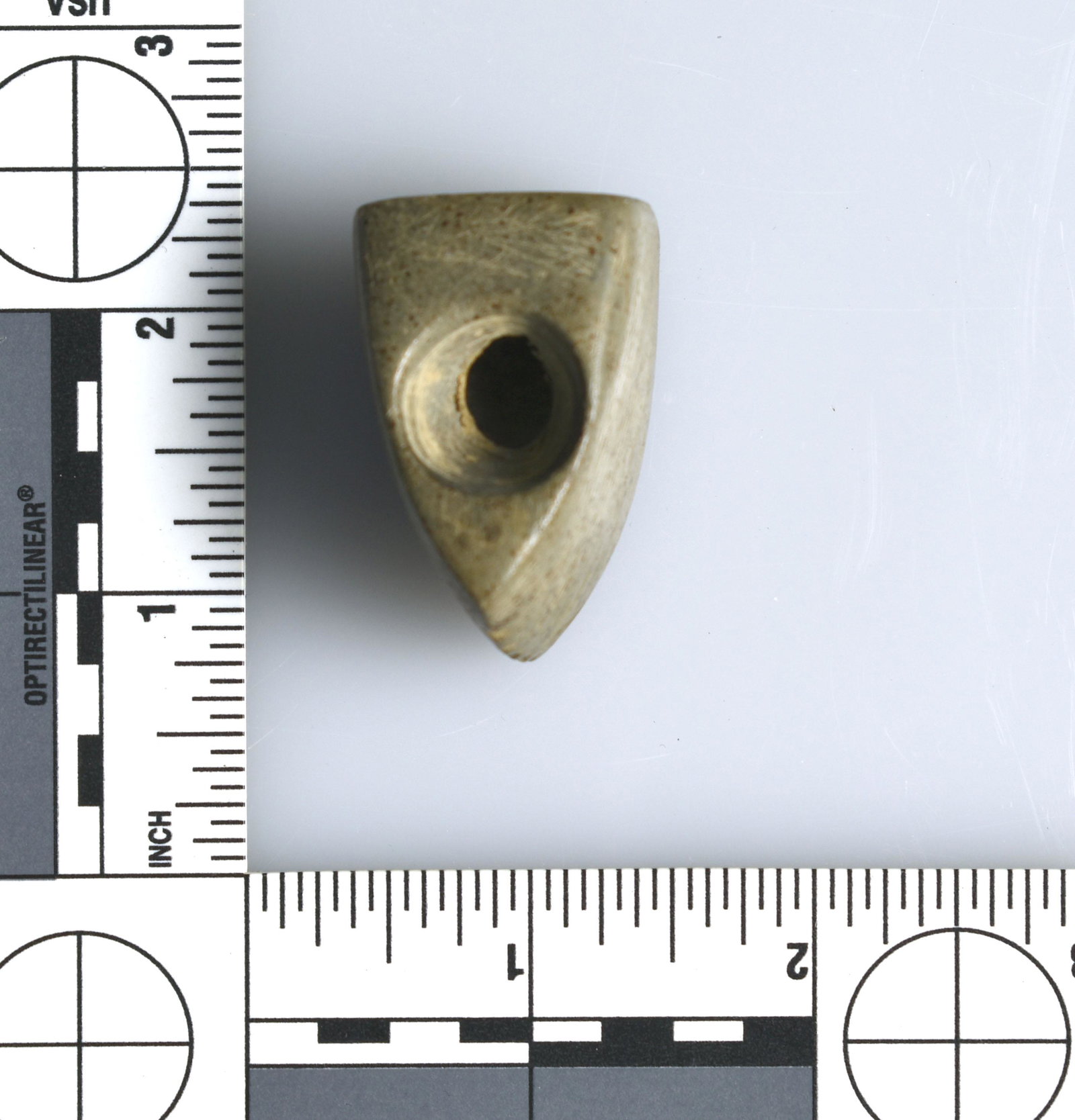 1-9/16" Fort Ancient Fringed Pipe: Nice Pipestone example with tallies creating a fringe along the bottom of the pipe. Southern Ohio.