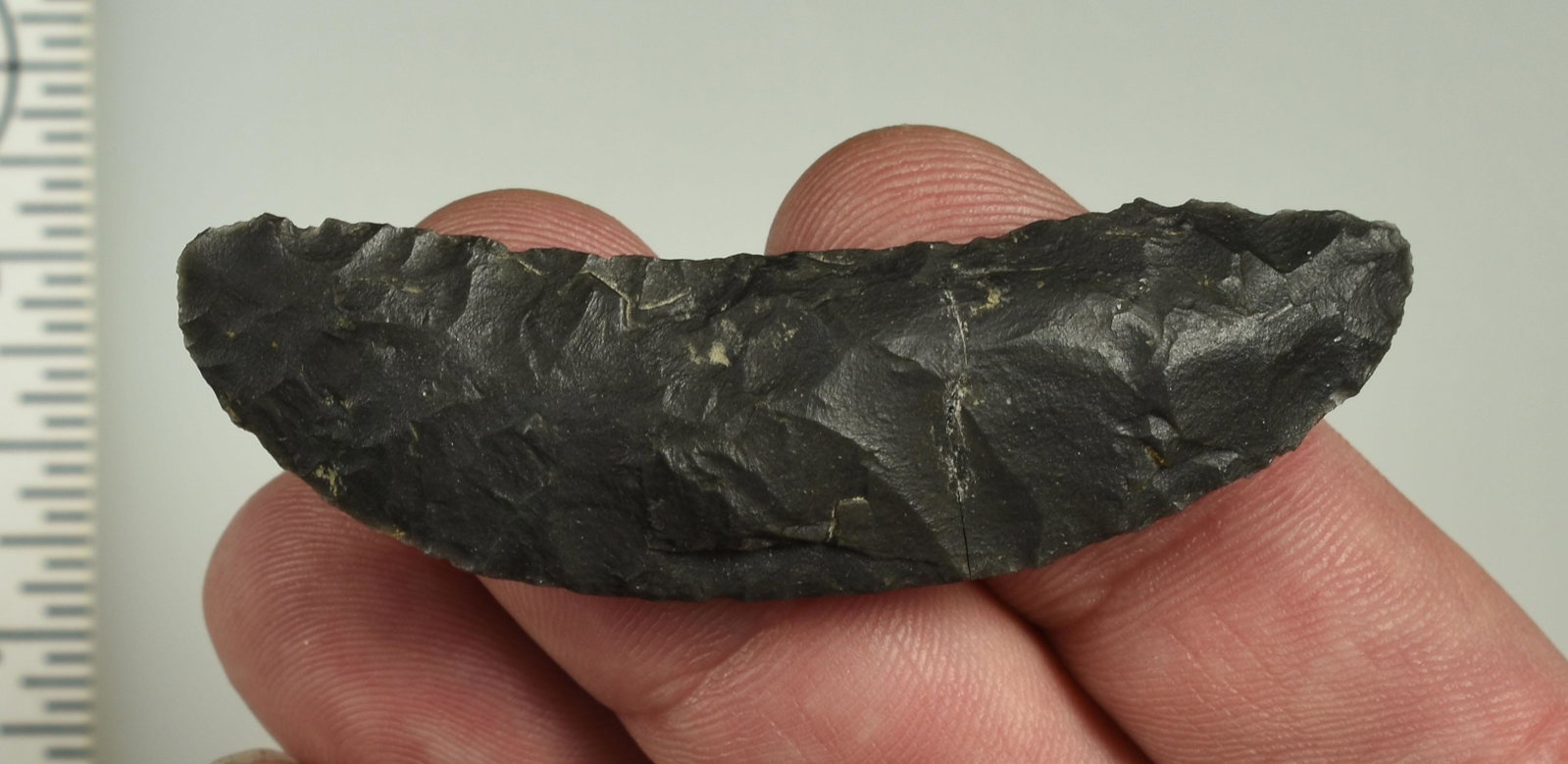 2-3/4" LARGE Paleo Crescent *Glued: LARGE example unfortunately broken and repaired. Dacite. Ex Beckett Collection. Lassen Co., California.