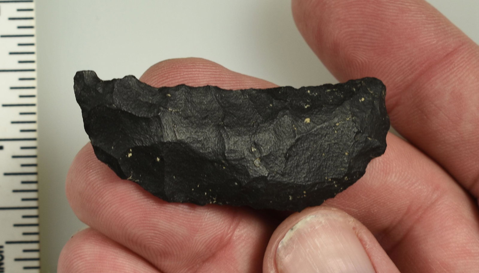 2-1/4" Paleo Crescent: Almost a butterfly example in black oilstone/basalt. Ex Beckett Collection. Lassen Co., California.