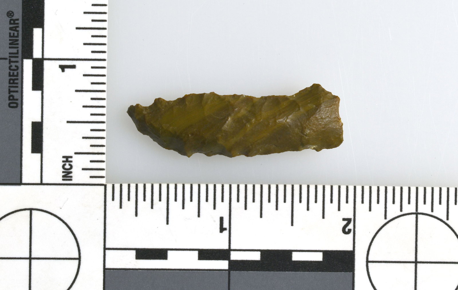 1-3/4" Paleo Crescent: Serrations present on this jasper/petrified wood piece. Lassen Co., California. Ex Robert Beckett Collection.