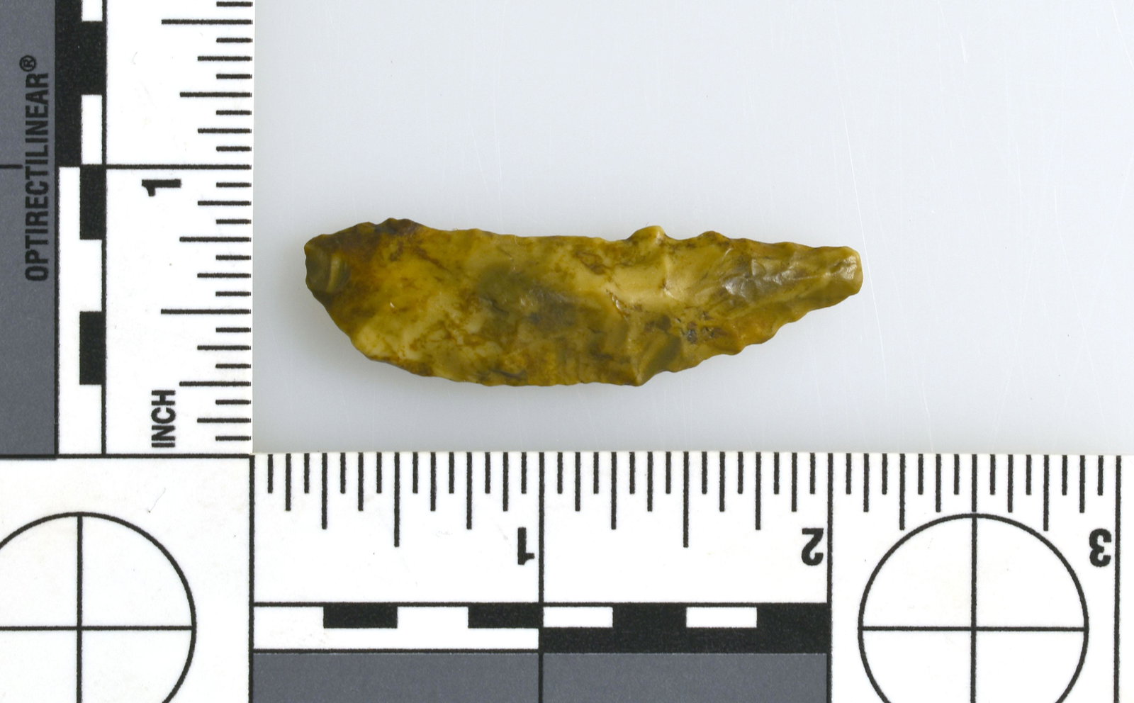 1-15/16" Paleo Crescent: Serrated example in cream/brown jasper. Lassen Co., California. Ex Robert Beckett Collection.