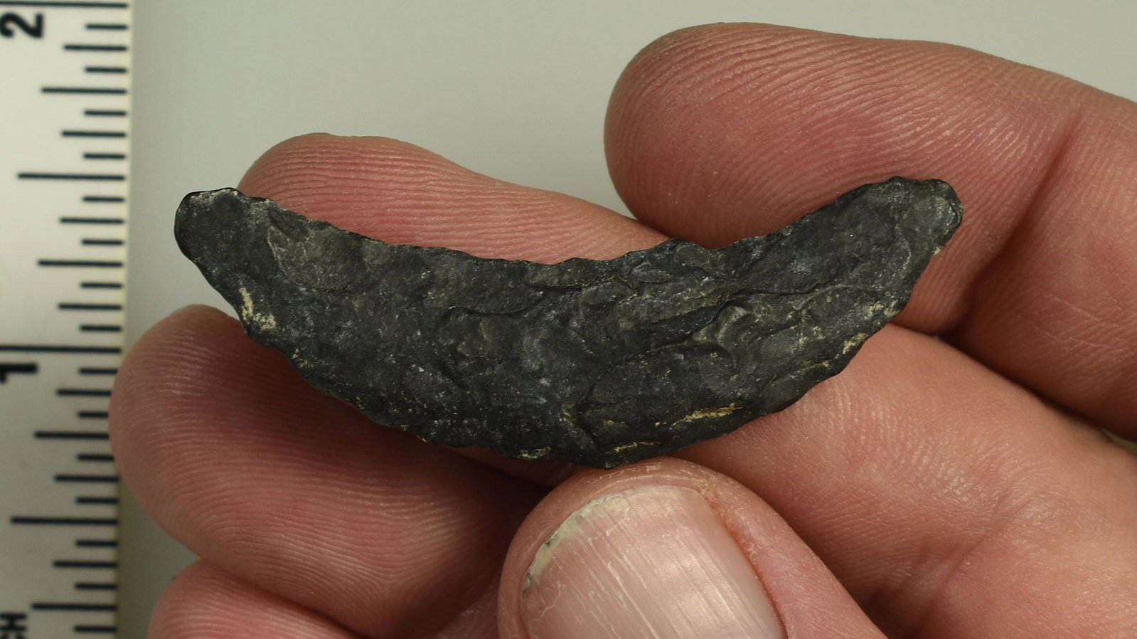 2-1/8" Paleo Crescent: Nice example in Dacite/Basalt. Ex Beckett Collection. Lassen Co., California.