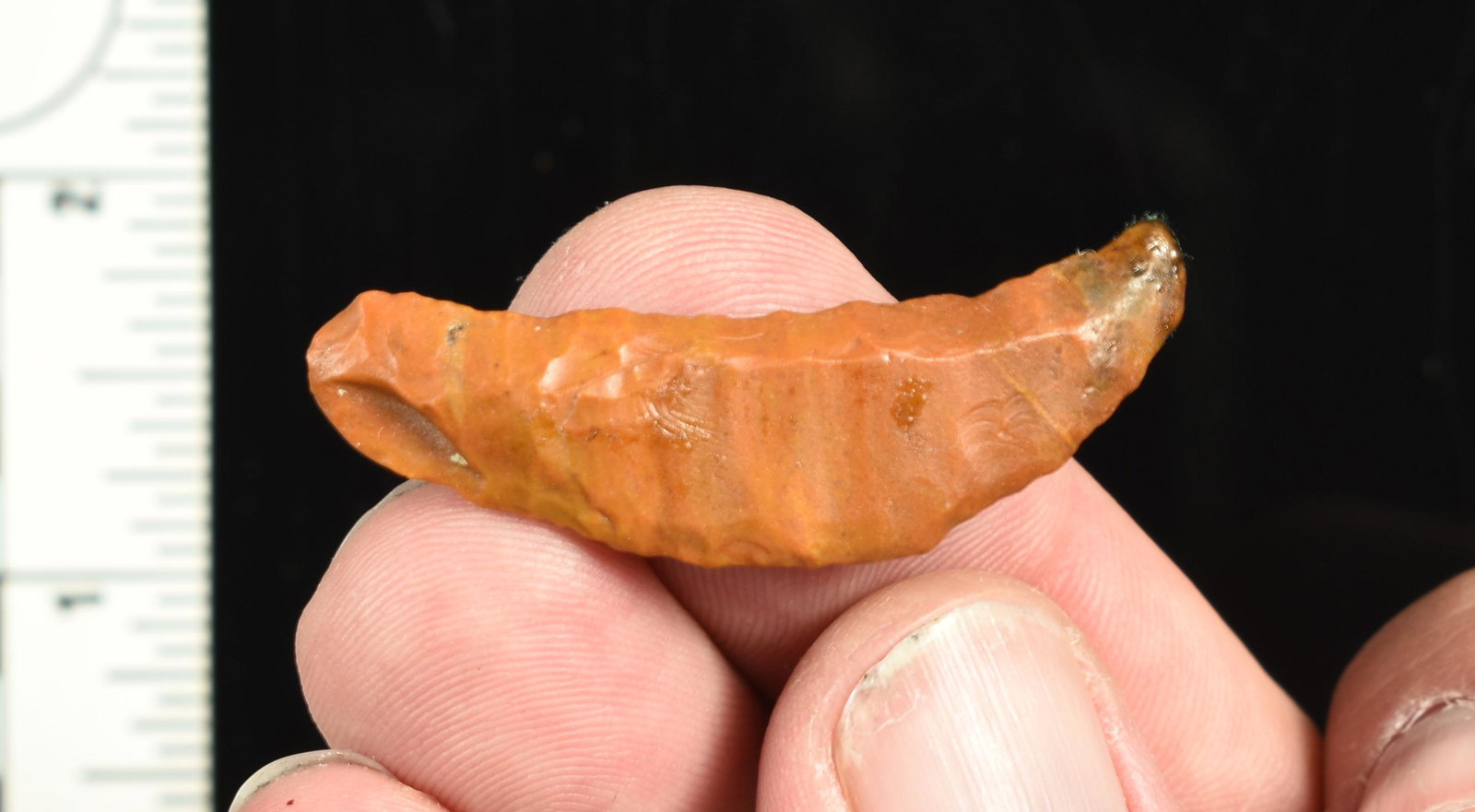 1-3/4" Paleo Crescent: Pretty Burnt Orange Jasper piece. Ex Beckett Collection. Lassen Co., California.