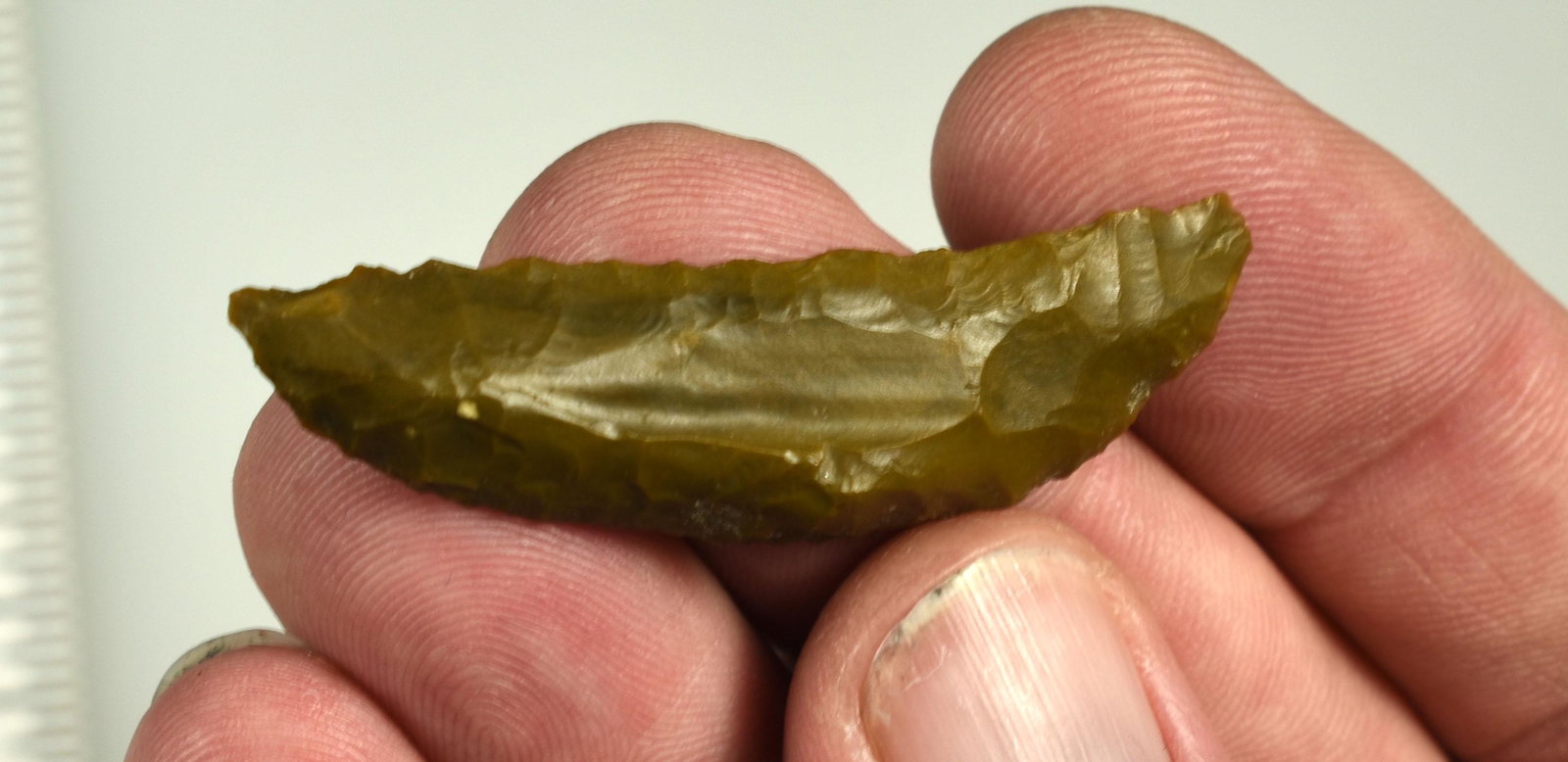 2-1/16" Paleo Crescent: Nicely made from Jasper with serrations. Ex Beckett Collection. Lassen Co., California.