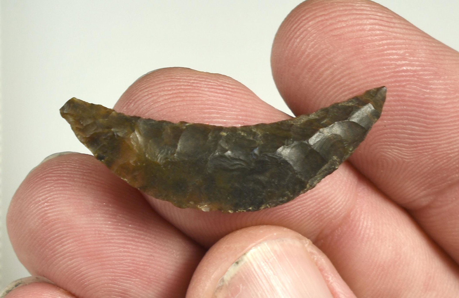 1-9/16" Paleo Crescent: Extremely well flaked piece with partial translucent jasper/agate material. Ex Beckett Collection. Lassen Co., California.