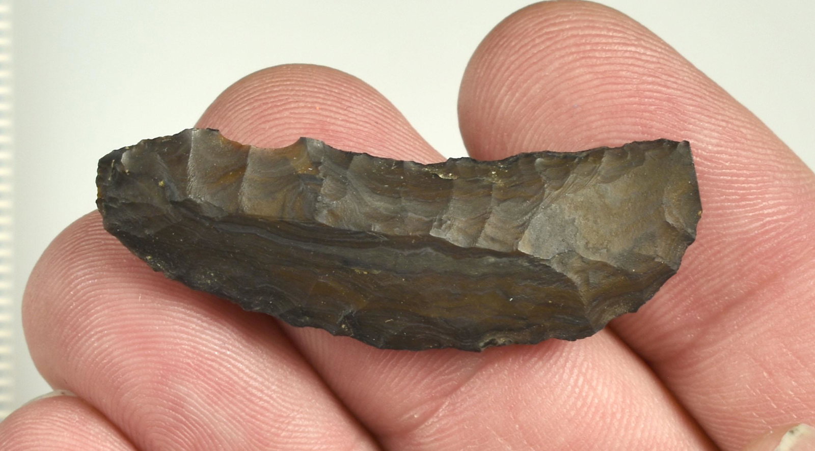 1-7/8" Paleo Crescent: Banded Jasper material. Ex Beckett Collection. Lassen Co., California.
