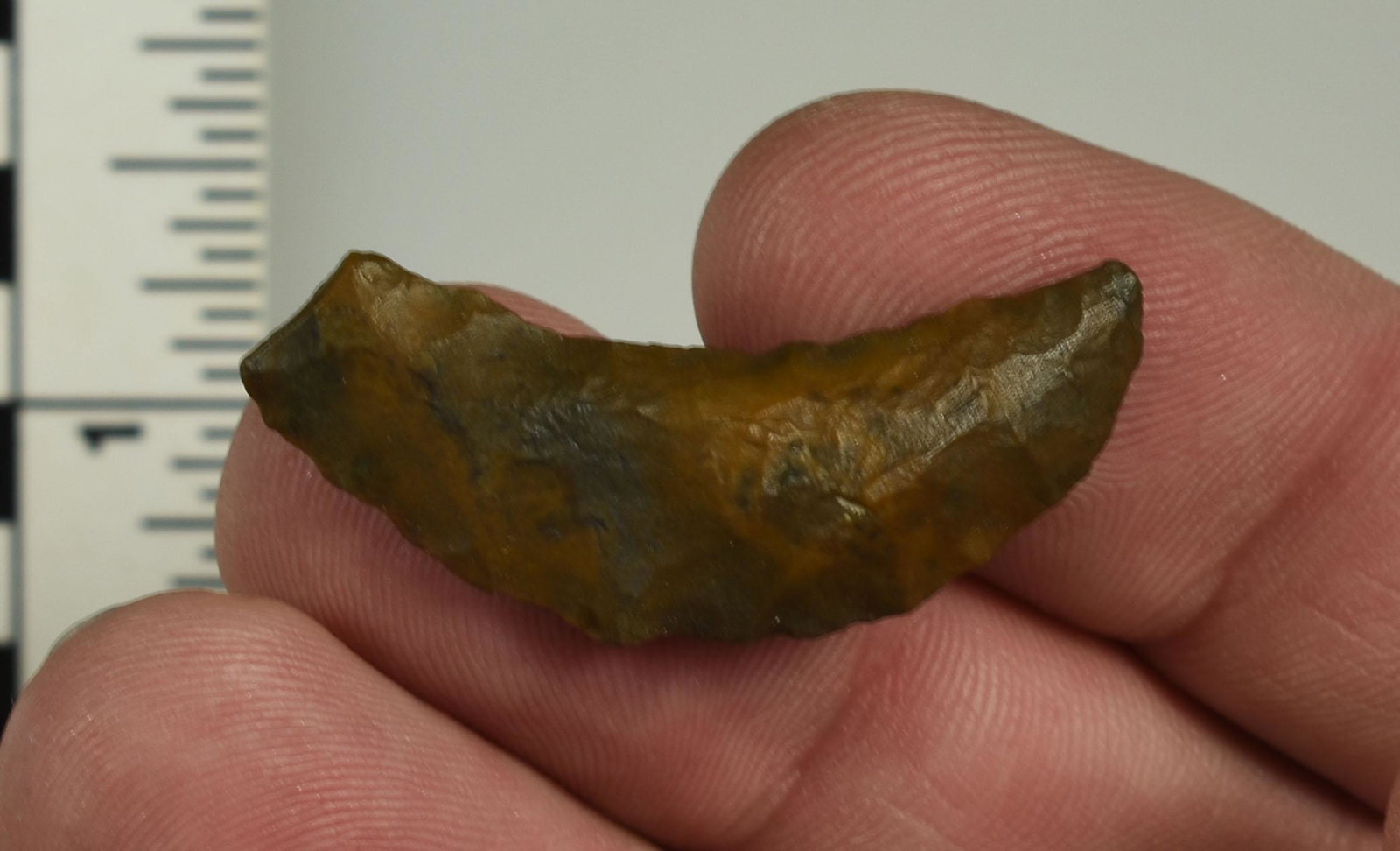 1-5/8" Paleo Crescent: Jasper example. Ex Beckett Collection. Lassen Co., California.