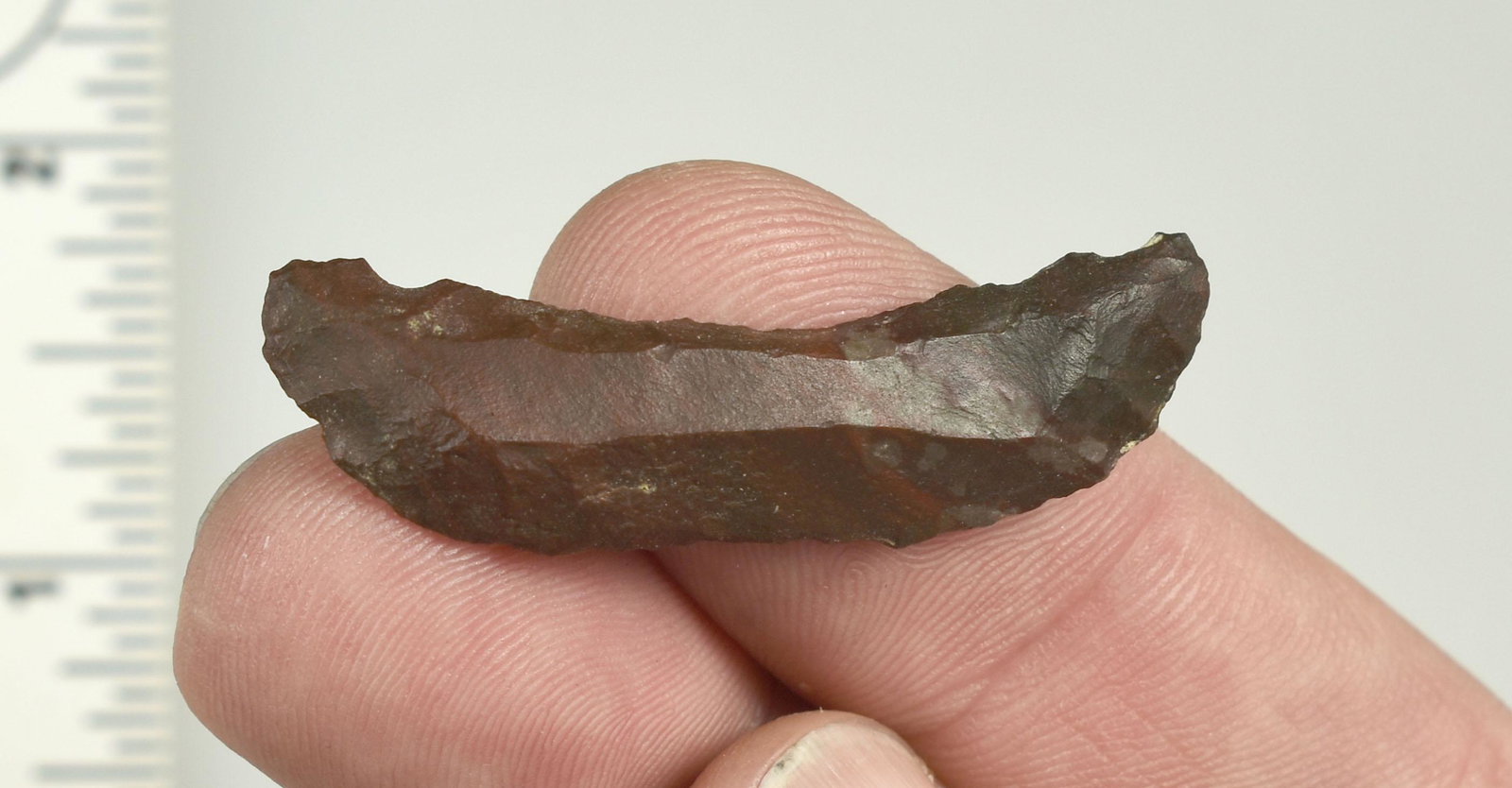 1-3/4" Paleo Crescent: Pretty Maroon Jasper. Made on a flake. Ex Beckett Collection. Lassen Co., California.