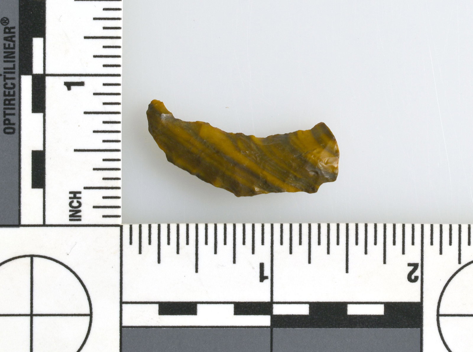 1-1/4" Paleo Crescent: Banded Jasper. Lassen Co., California. Ex Robert Beckett Collection.
