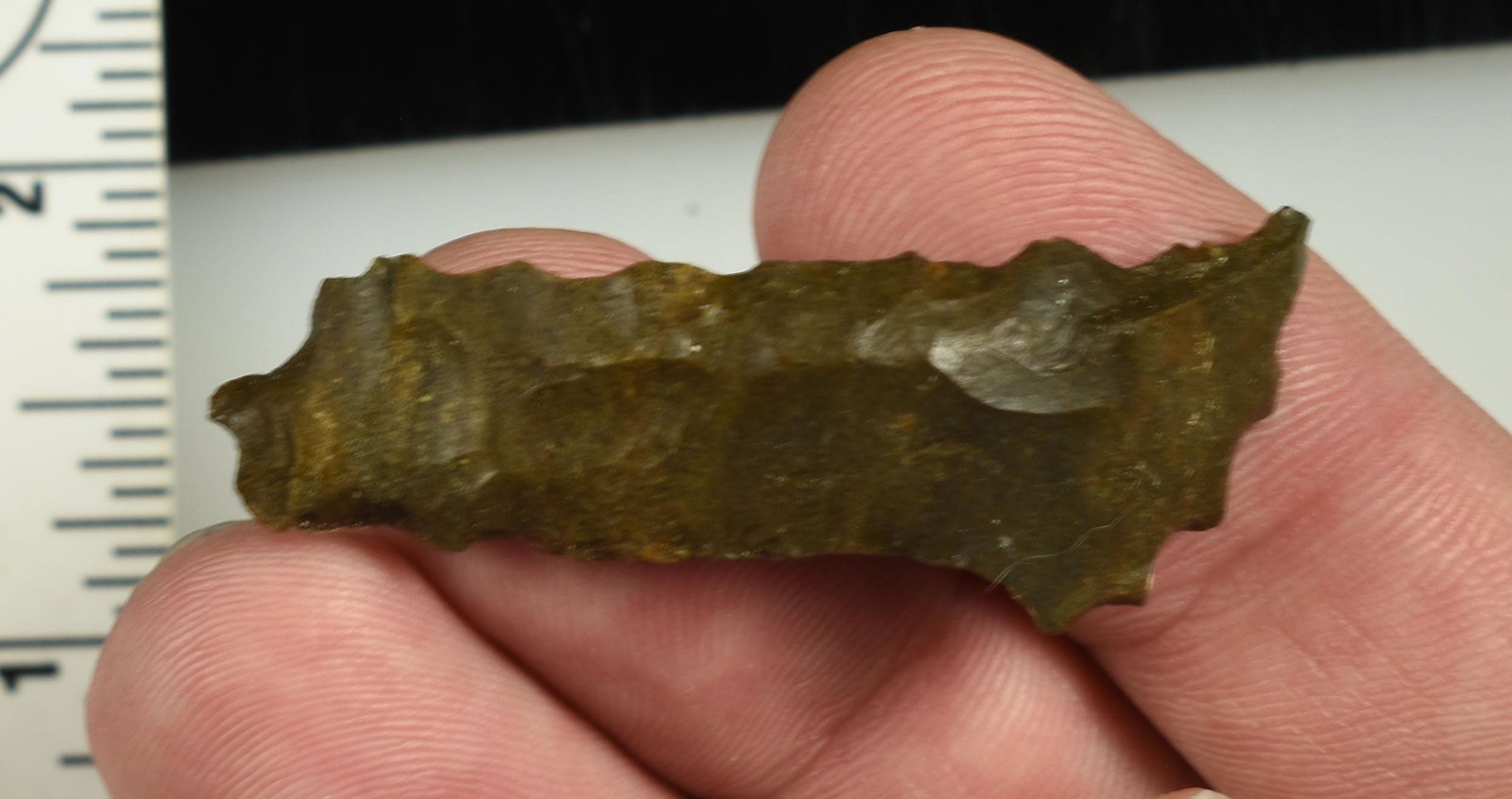 2-1/16" Paleo Crescent/Graver: Uniface example with serrations and strong points. Jasper. Ex Beckett Collection. Lassen Co., California.