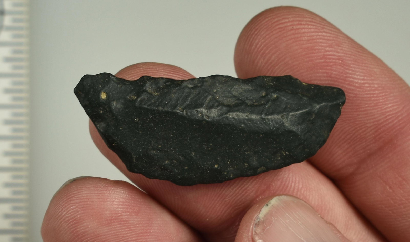 1-13/16" Paleo Crescent: Uniface example in Dacite/Oilstone Basalt. Ex Beckett Collection. Lassen Co., California.