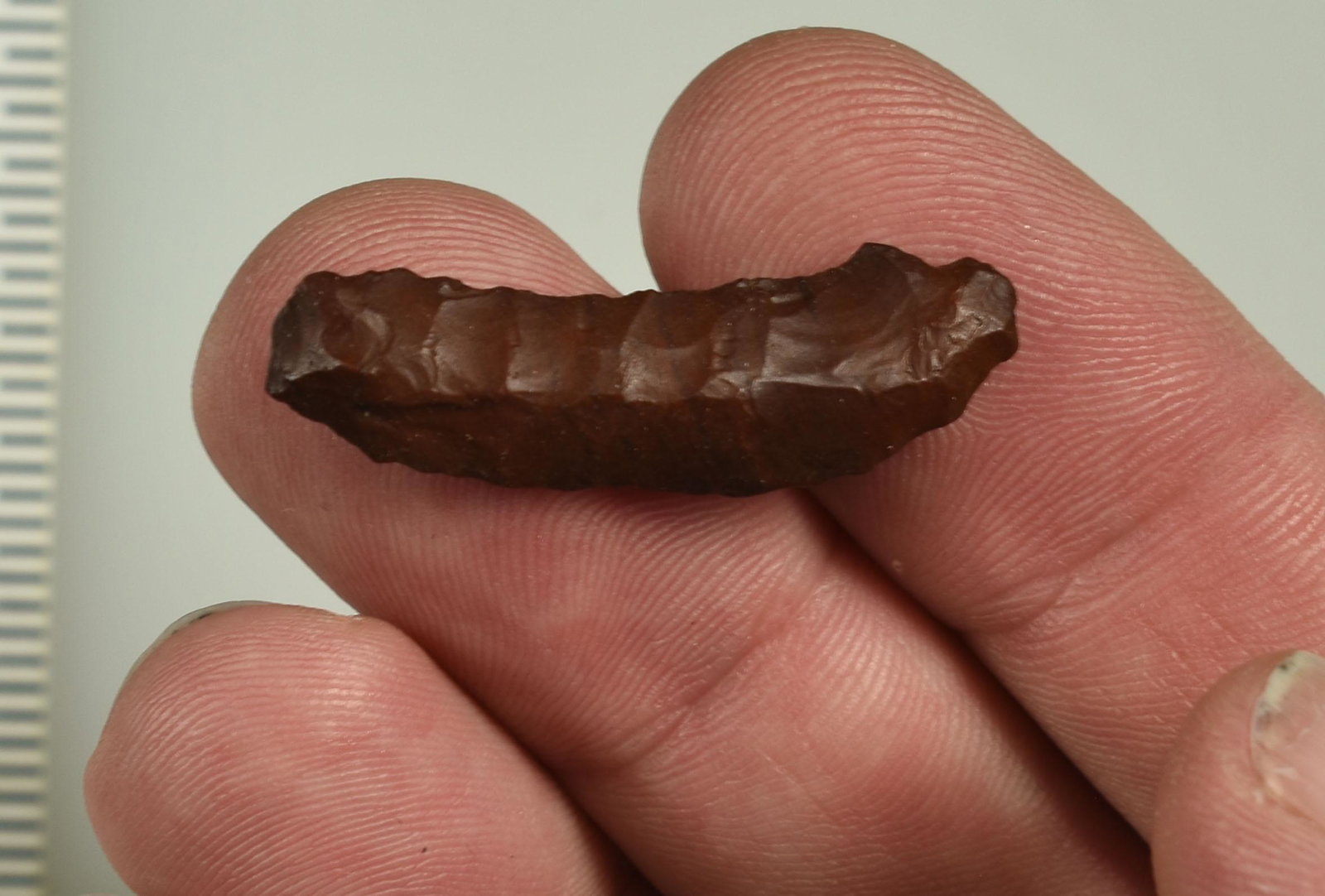 1-7/16" Paleo Crescent: Small maroon jasper example flaked on both sides. Ex Beckett Collection. Lassen Co., California.