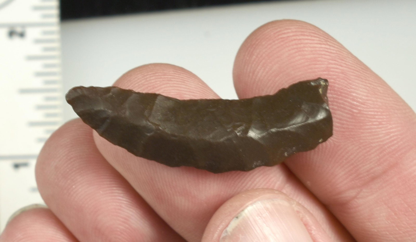 1-5/8" Paleo Crescent: Purple Jasper example. Ex Beckett Collection. Lassen Co., California.