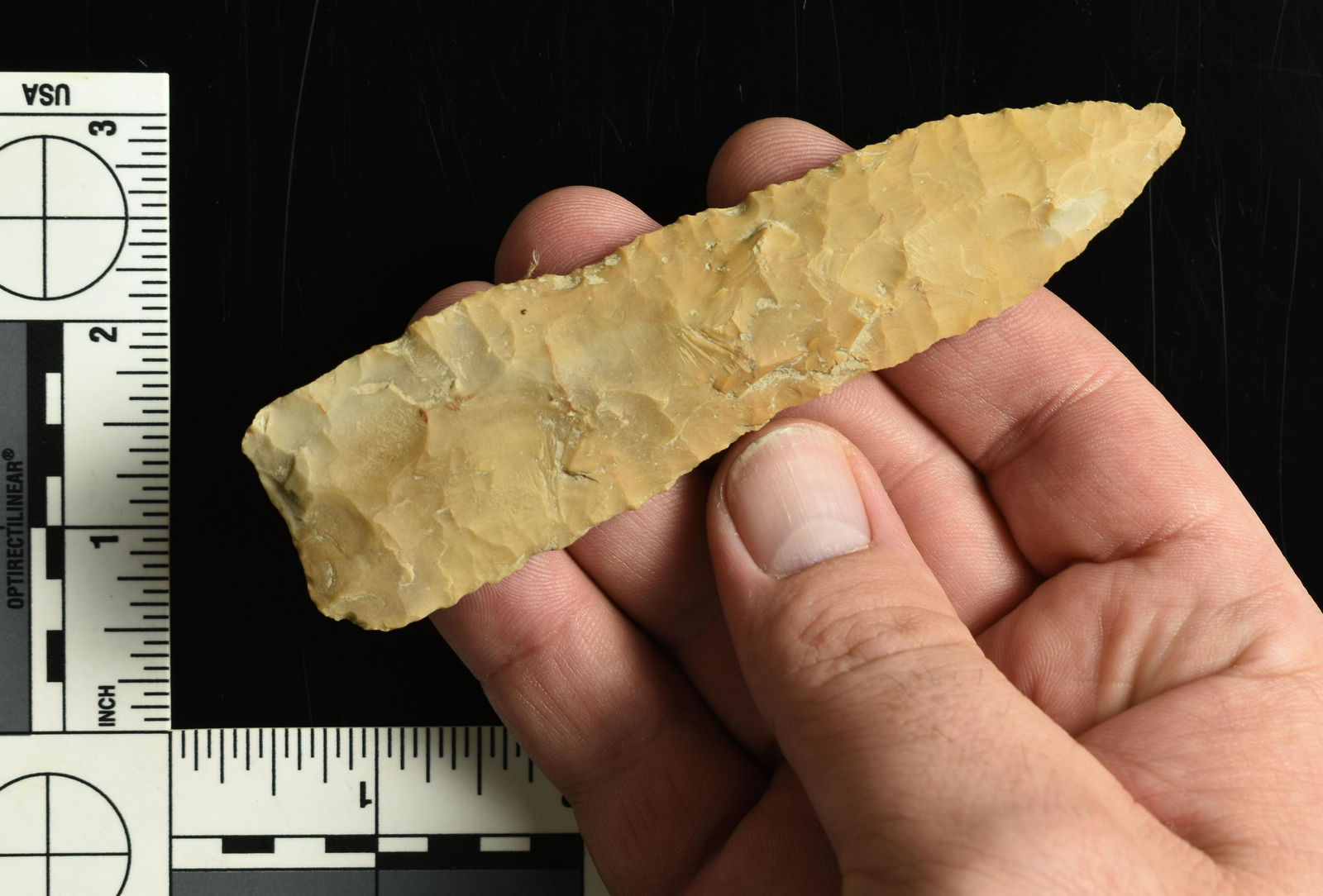 4-5/8" Archaic Knife: Cream Camden Chert example from Stewart Co., Tennessee. Ex Swarey Collection.