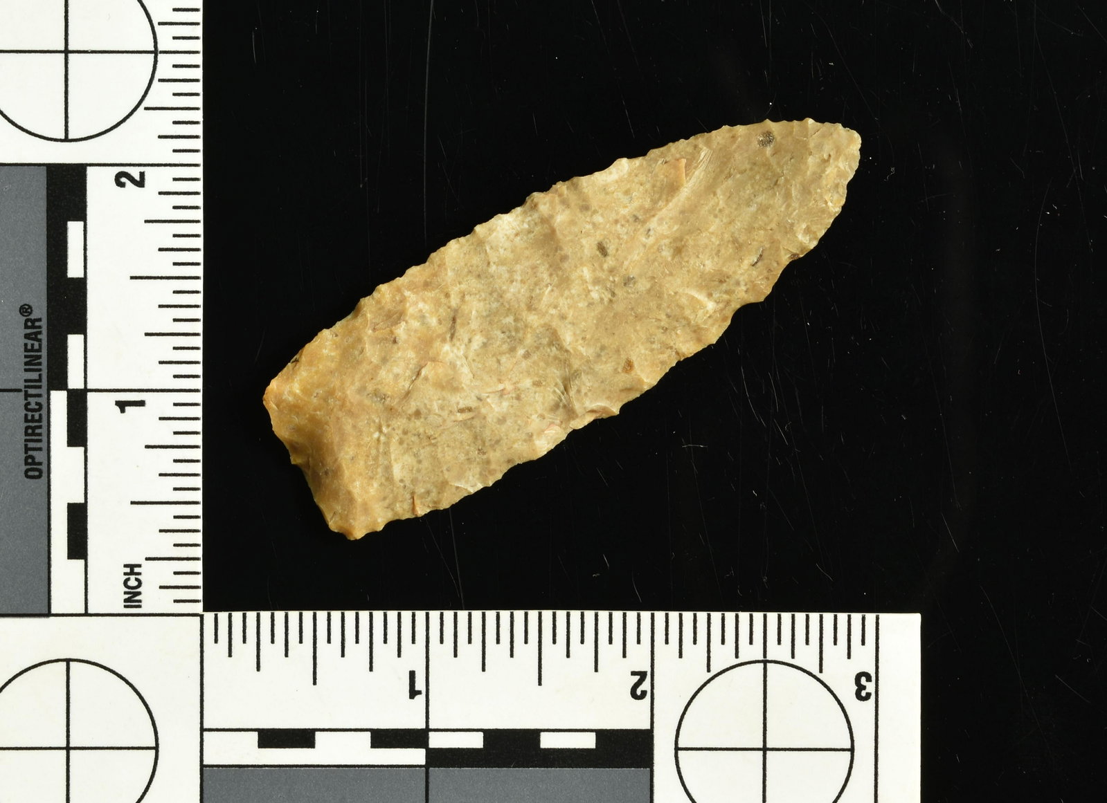 2-7/8" Archaic Knife - Rogers COA: Texas example. Tan & Cream mottled Chert. Ex Smith, Swarey Collections. Rogers COA.