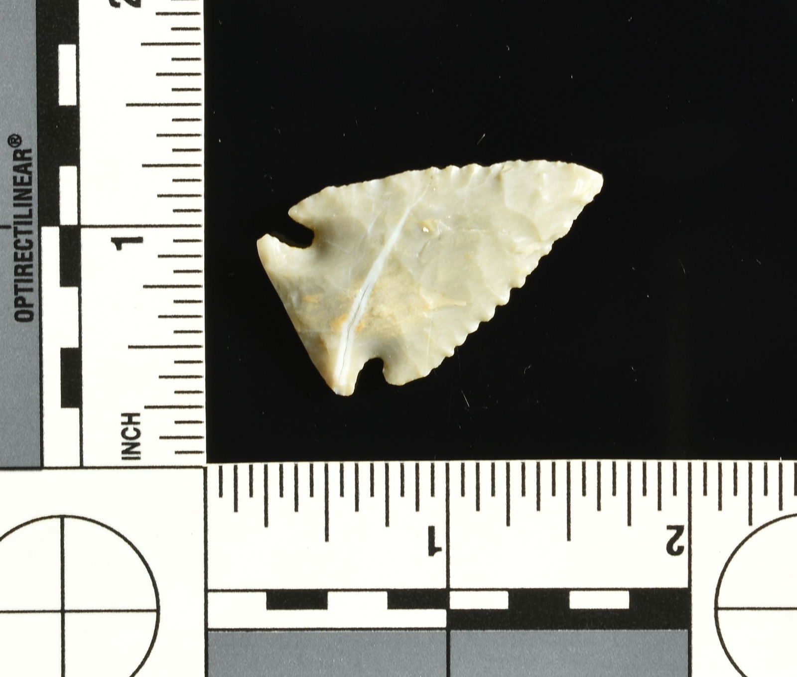 Extra Fine 1 7/16" Palmer: Exquisitely crafted with minute serrations and made of an extra pretty light blue/gray hornstone with lots of translucency. Meticulously ground base and notches as well. Ex- Bill Jackson Collection. F