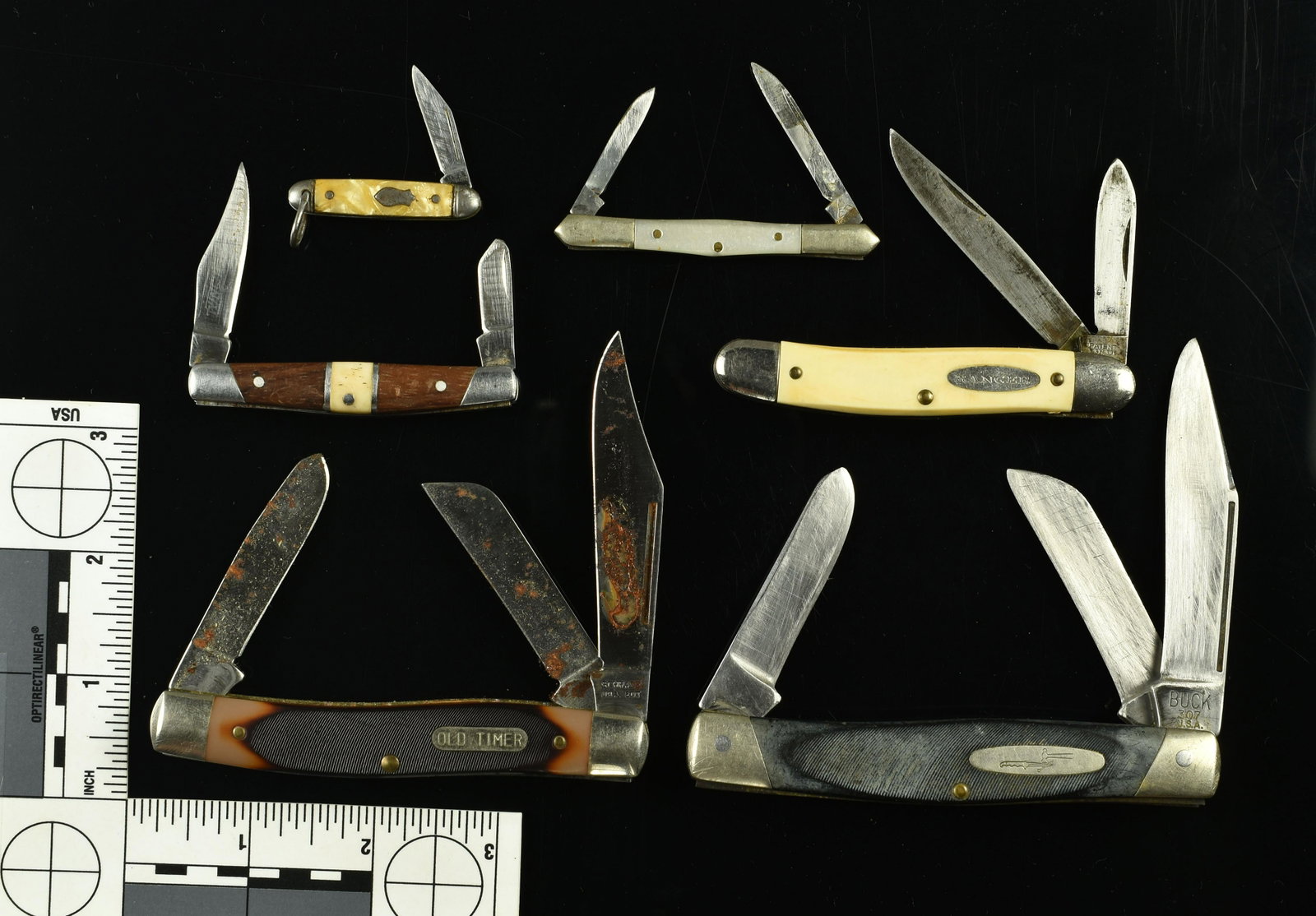 6 Vintage Pocketknives: Winchester, XL Cutlery, Ranger, Old Timer (Schrade), & Buck with one unmarked (the smallest) that appears to be an Imperial logo.