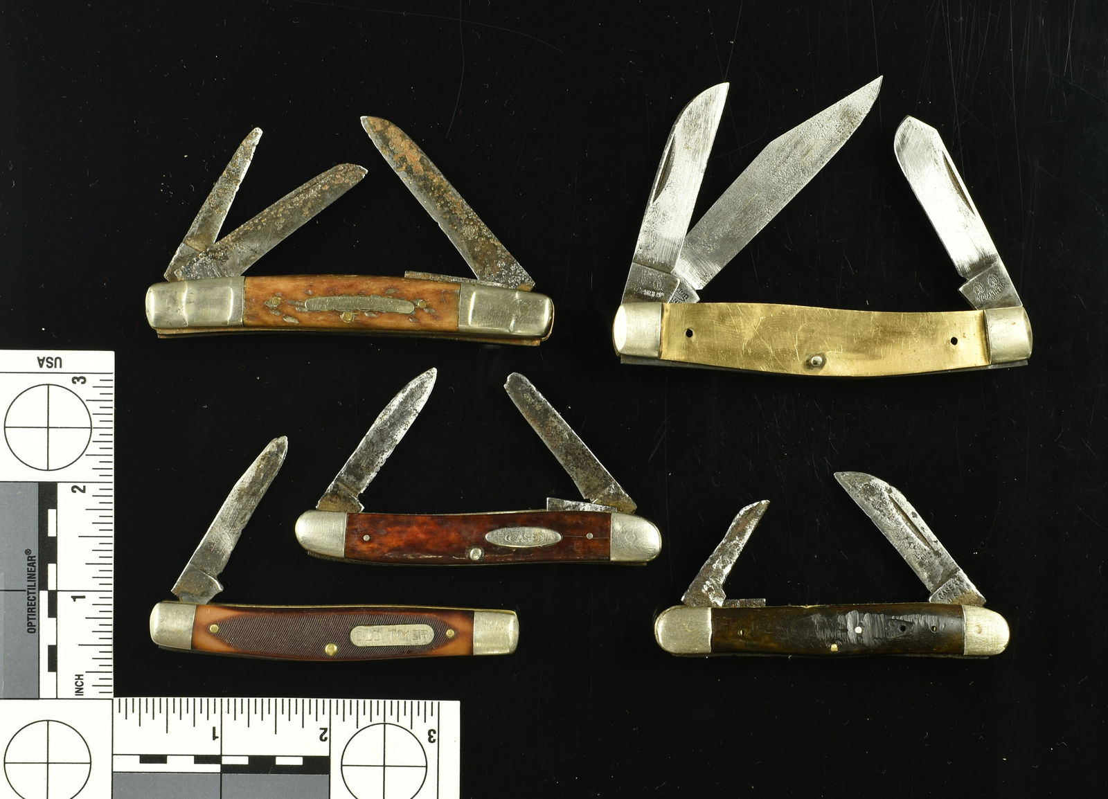 5 Vintage Pocketknives: 1 Case XX, 1 Old Timer, 1 'Chrisner' (missing scales), 1 Case. 1 Unmarked.