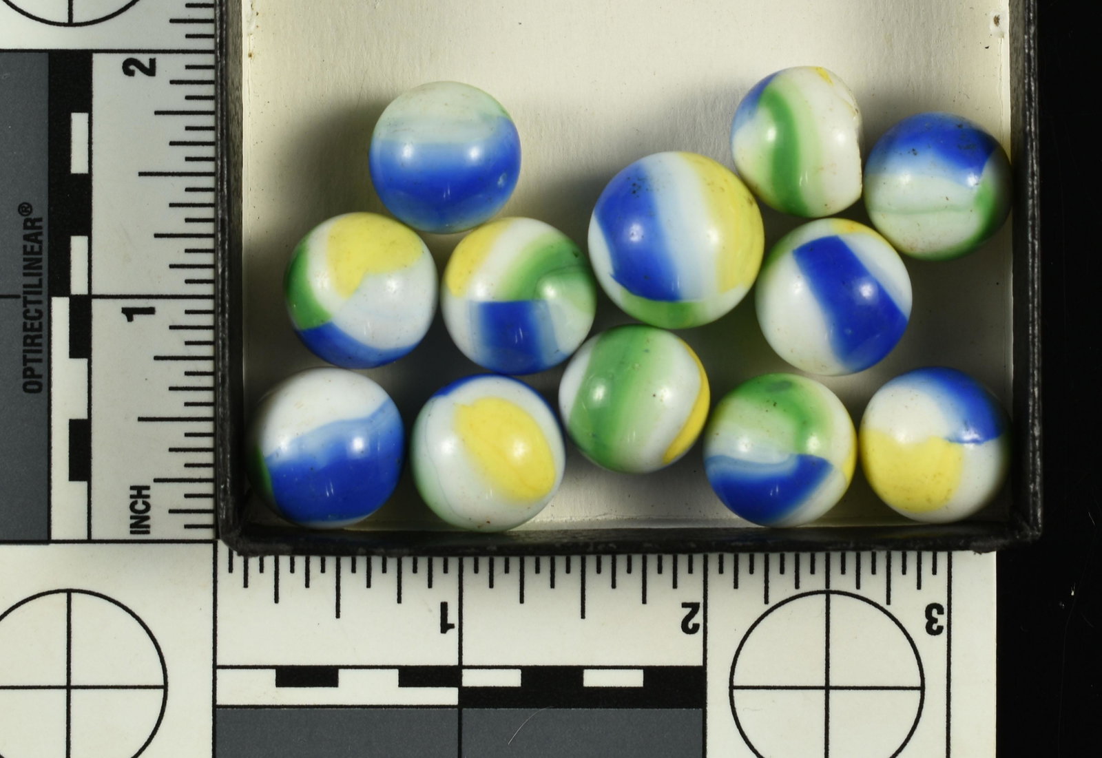 12 Vintage Akro Agate Tri-Color Marbles: Blue, Green, & Yellow (on white). Nice!