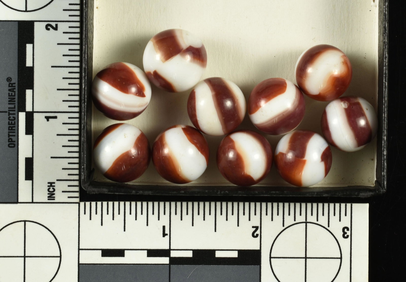 10 Vintage Akro Agate Marbles: Brown on white! Nice.