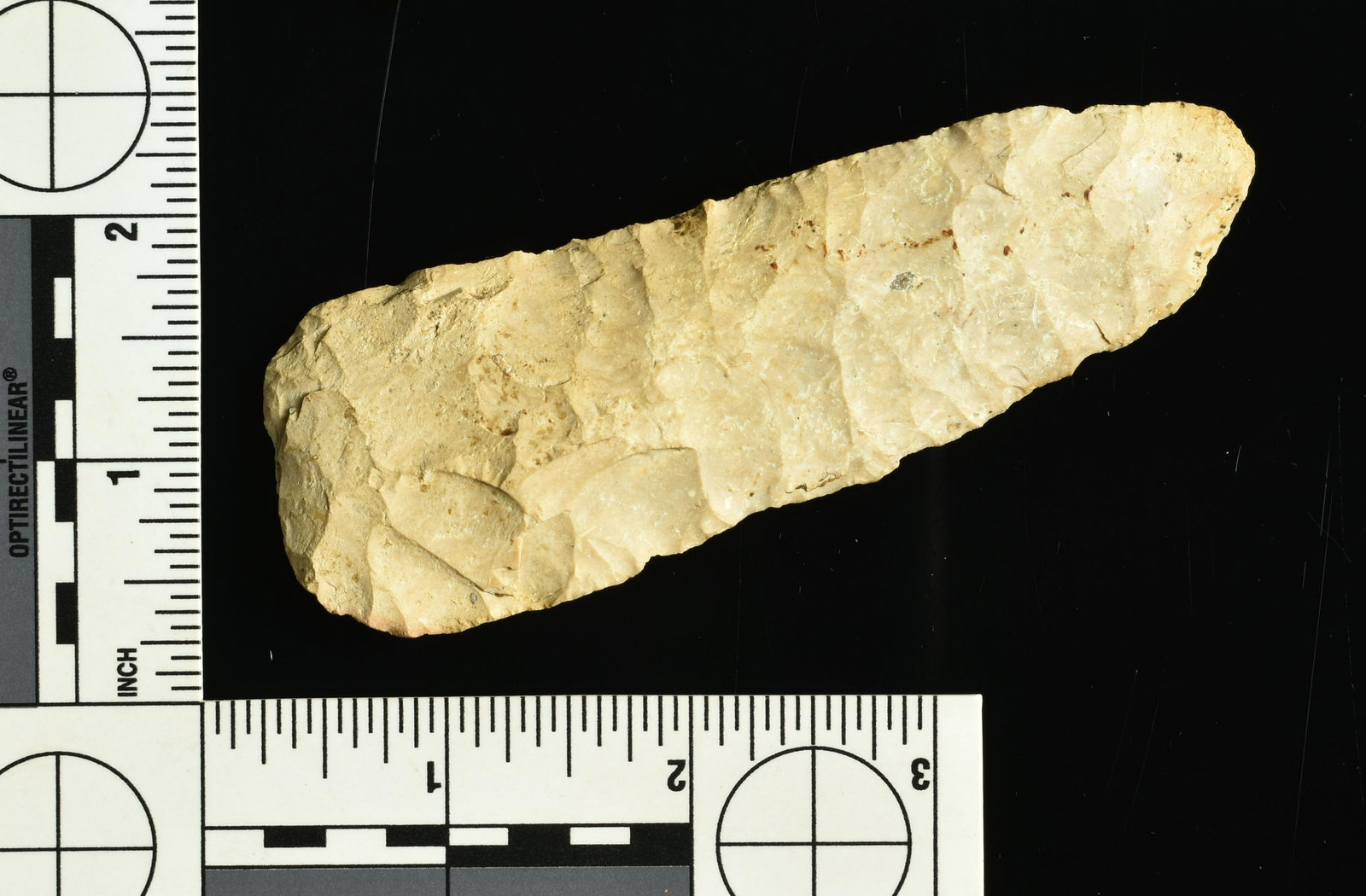Large 4 1/4" Boyle Chert Cobbs Knife: Very thin and extra well made. Found in Bath Co., Kentucky. Ex- 'Pop' Williams Collection.