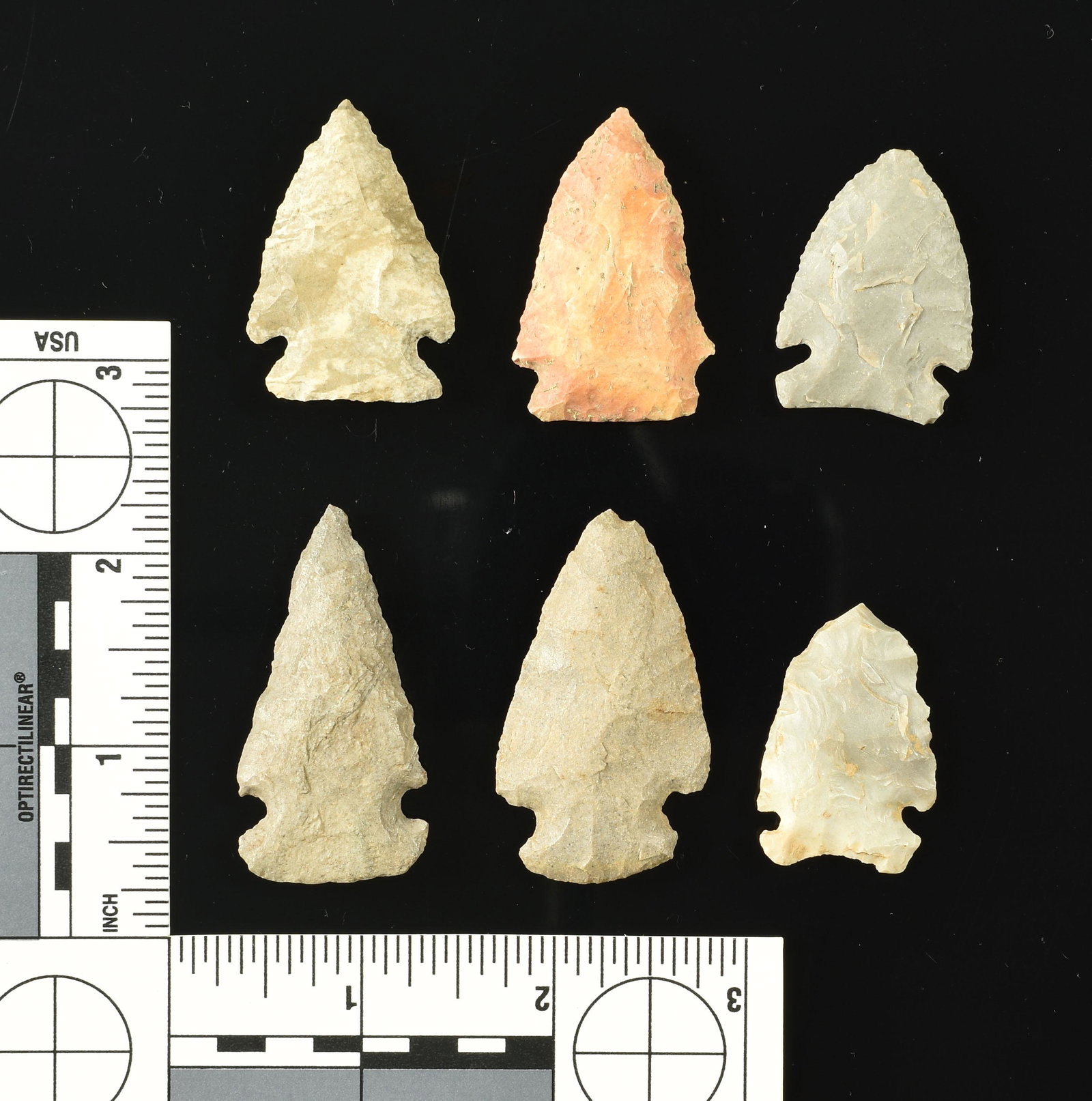 Mini-Collection of 6 Fine Notched Kentucky Arrowheads: All from Bath Co., Kentucky. Longest is right at 2 inches. Includes a truly excellent Big Sandy, a fine Hardaway, a Palmer, and more with nice colors and shapes.
