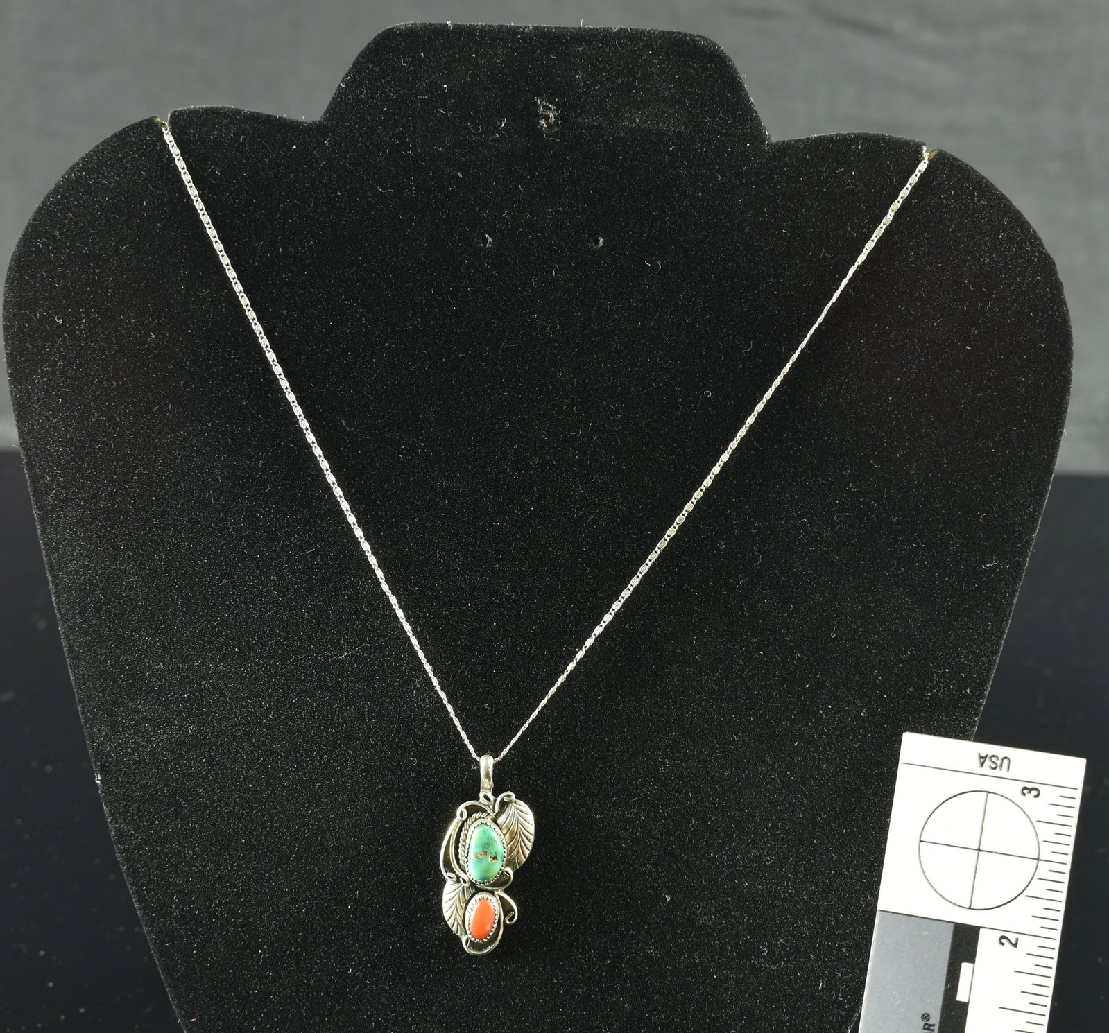 Gary Reeves Navajo Pendant w/ Necklace: 17" Silver chain, Hallmarked Gary Reeves. Turquoise and coral. 5.8grams.