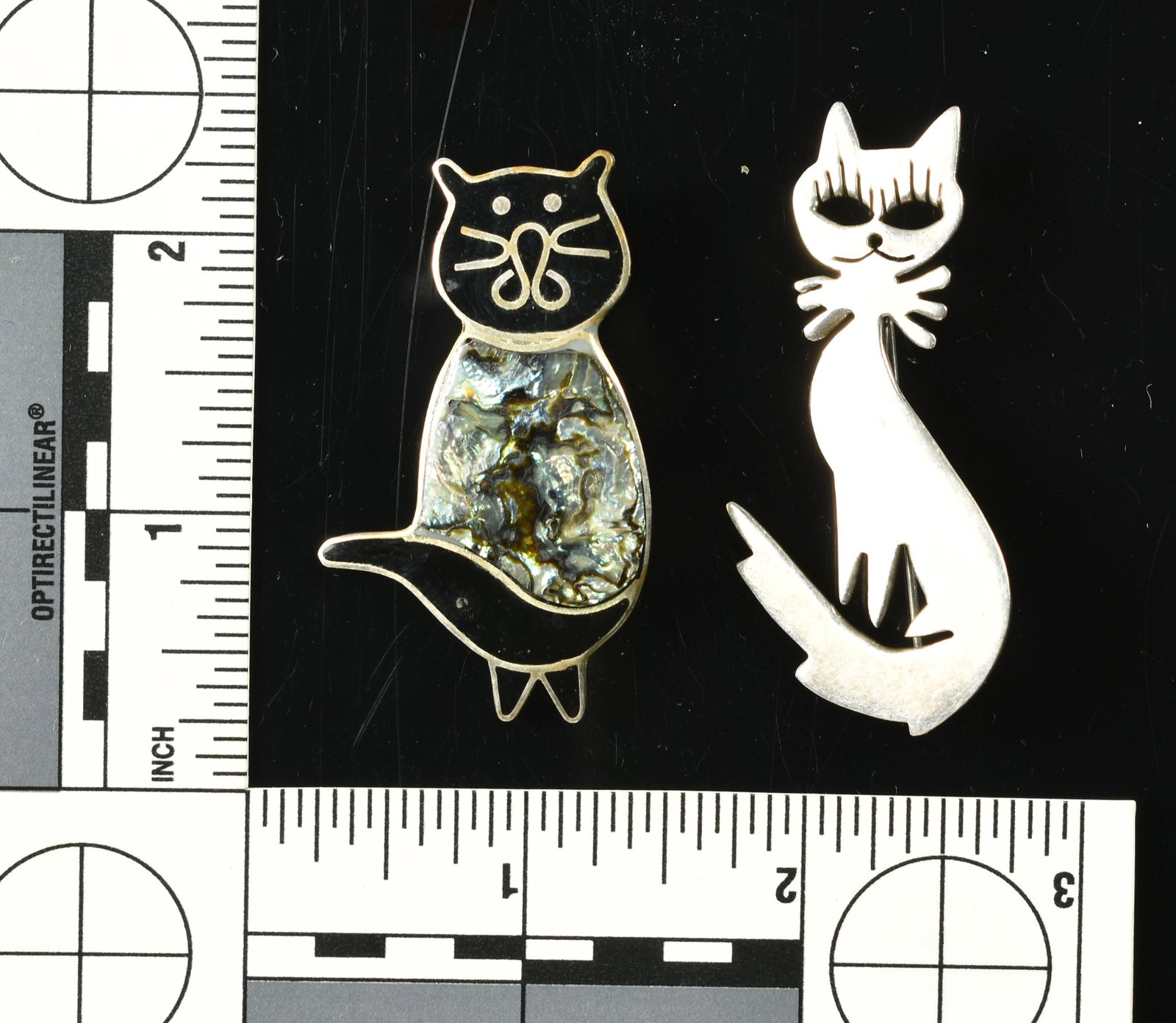Pair of Silver Cat Brooch pins: Abalone inlay. 12.6 grams. Sterling Silver