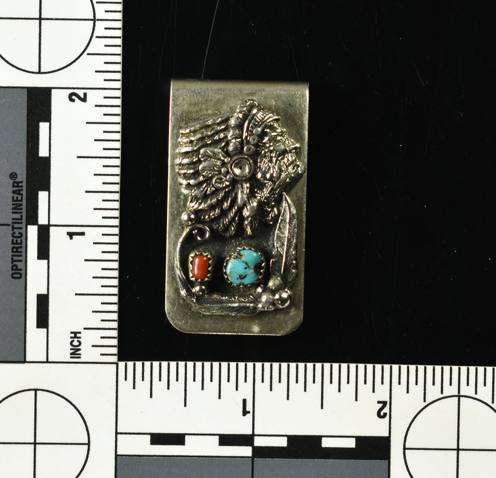 Nickel Silver Native American Money Clip: Native American themed money clip with coral and turquoise marked 'Nickel Silver' on the back. Nice!