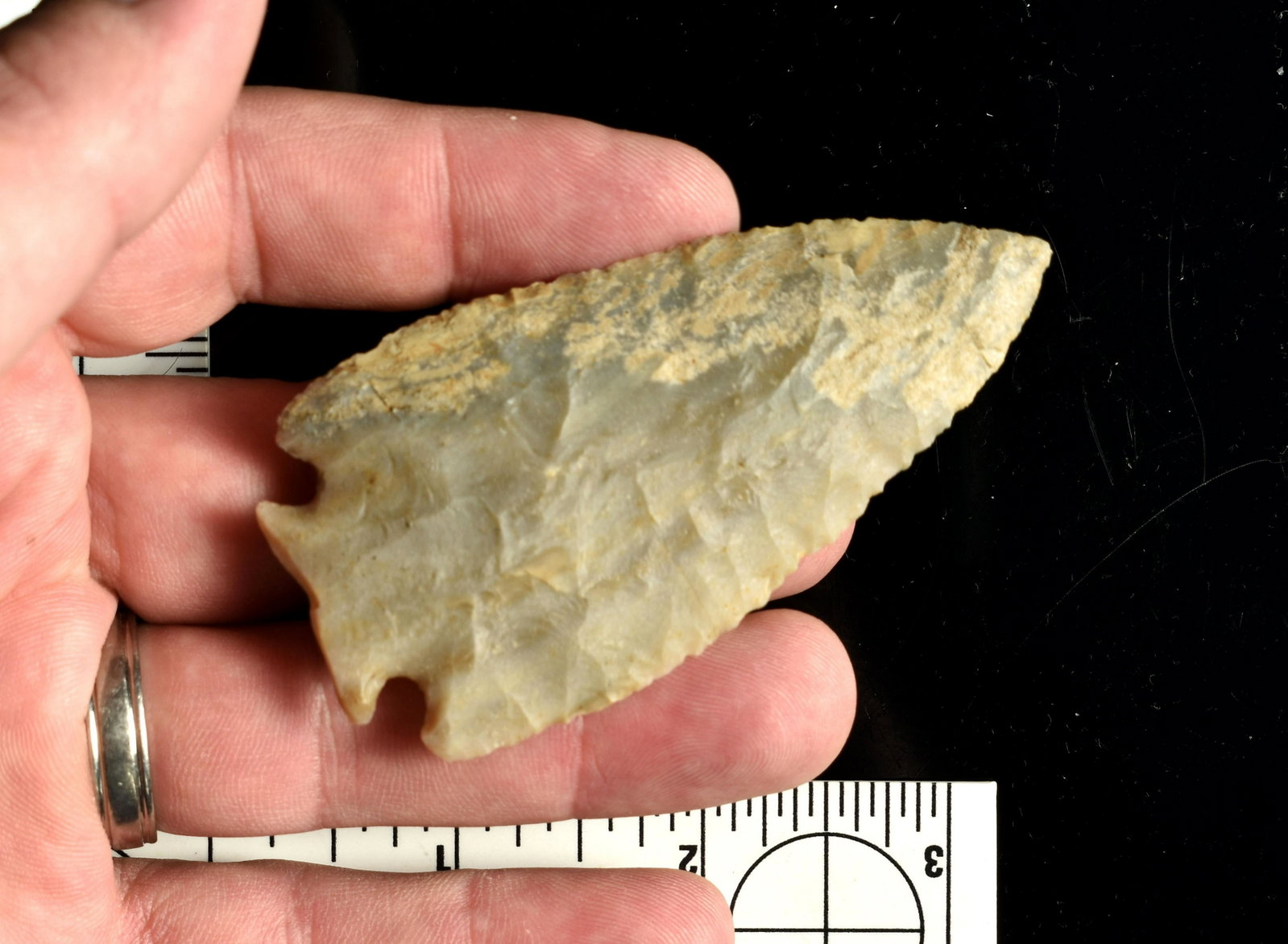 Superb 3 5/16" Decatur - Jackson G-10 COA: Good as they get. Made of semi translucent multicolored chert. Pike Co., Ohio. Ex- Stan Copeland Collection. Jacklson G-10 COA.