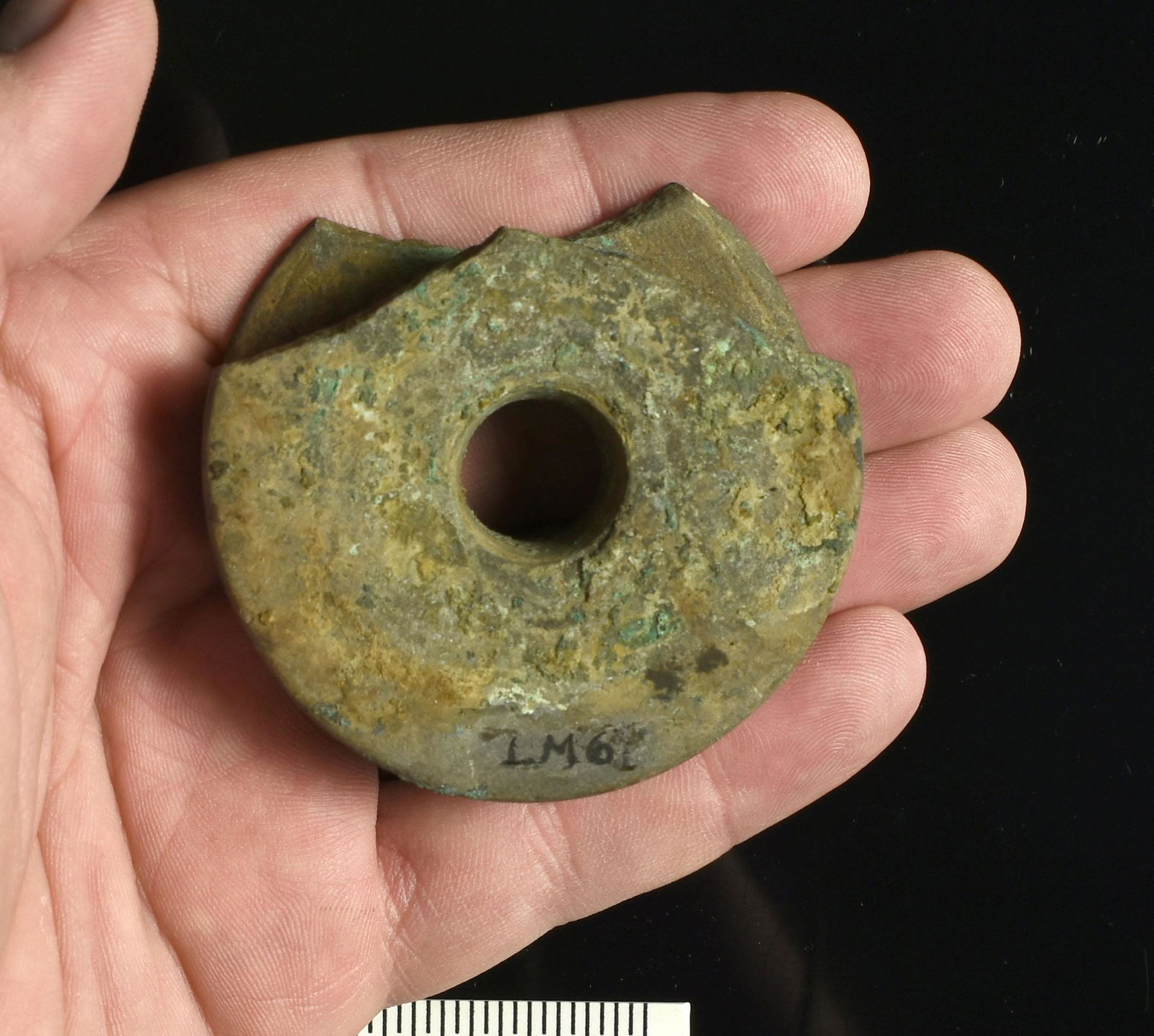 RARE 2-9/16" Spiro Ear Spool: Rare Exceptional example from the Lincoln Smith collection, LeFlore Co., Oklahoma, Reported from the Temple Mound. Ex - Larry Johnson. Copper residue remaining on two faces.