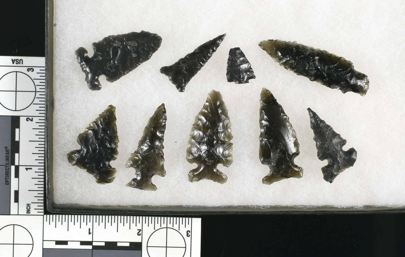 California Obsidian Lot: Nice lot of 9 obsidian points from California and the Great Basin. Ex Aguirre Collection.