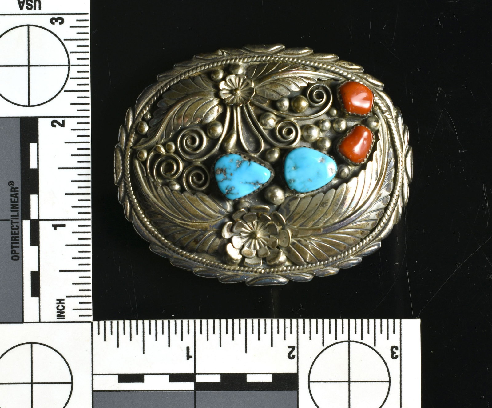 Sterling SW Belt Buckle: Excellent Turquoise and Coral Belt Buckle - marked sterling. 48.6 grams.