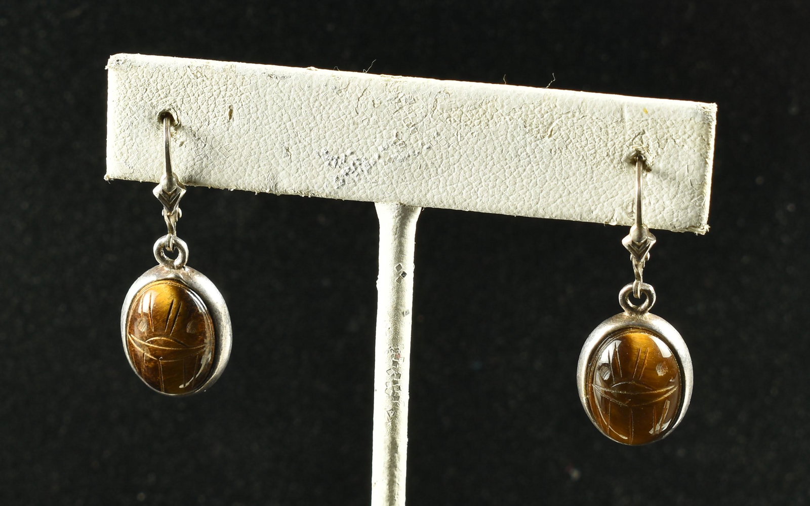 Southwestern Silver Earrings: Tiger Eye Inlay stone with 'G.S.J.' Hallmark. Sterling Silver. 5.5grams