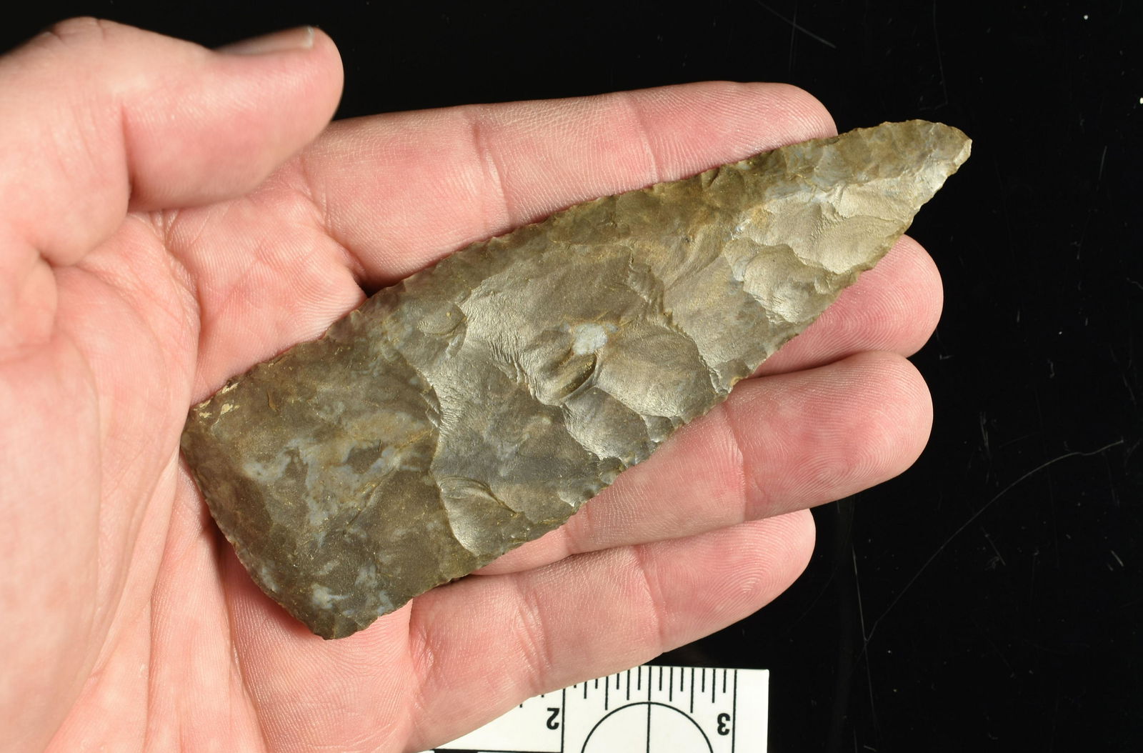 4-1/2" Archaic Knife: Nice Cobbs or Ramey type Archaic Knife in a glossy brown and olive mottled Fort Payne Chert. Kentucky. Great Patina side to side.