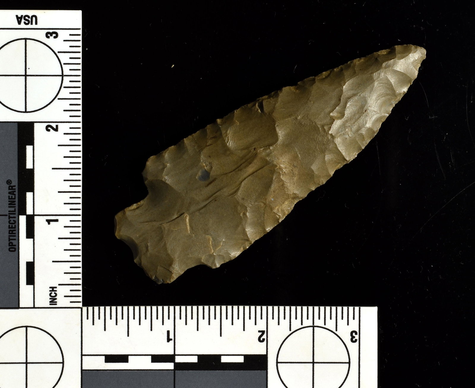 Large 3 7/8" Hornstone Heavy Duty: Great size yet fairly thin for the type. Perino used to say - "these were quite early transitional Paleo points used to bring down the Big Bison". Ex- 'Pop" Williams Collection. Found i