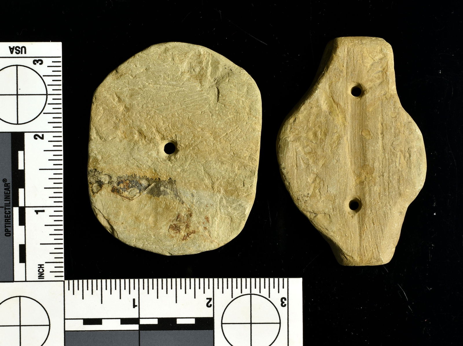 Drilled Stone KY Gorget and Pendant: Both from the same site. 3 1/8" Gorget is two hole drilled and grooved on the reverse. And a 2 7/8" single holed Pendant. Both are thin. Both from the same field in Fayette Co., Kentucky.