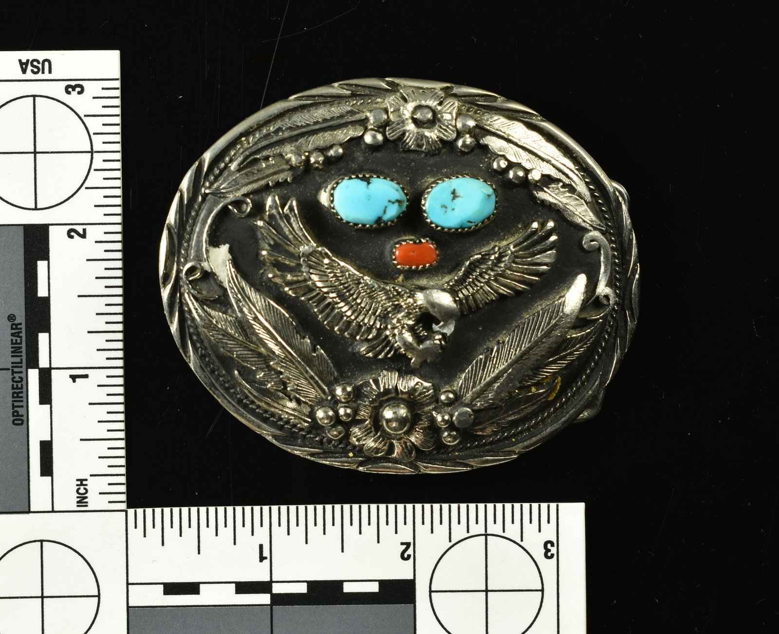 Southwestern Style Belt Buckle: Turquoise and Coral. Made by SSI.