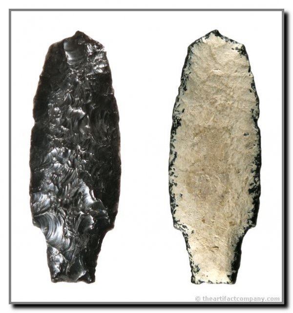 2 11/16" Cody Knife / Perforator: Found near Crump Lake, Lake Co., Oregon. Excellent Dry Lake Mineralization on one side. Obsidian. Ex - Nelson. Jackson (2001). Stermer (2009)