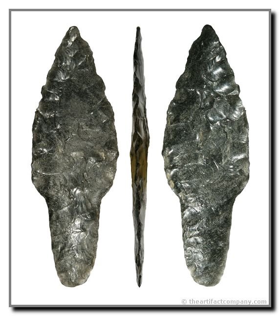 4 13/16" Cougar Mountain: RARE type and THIN! Silver-Sheen Obsidian. Found by Floyd Hoyz in the 1960's in Lake Co., Oregon. Ex - Mark Berreth, Nelson Collections. Jackson (2004), Motley (2009), Stermer (2009)