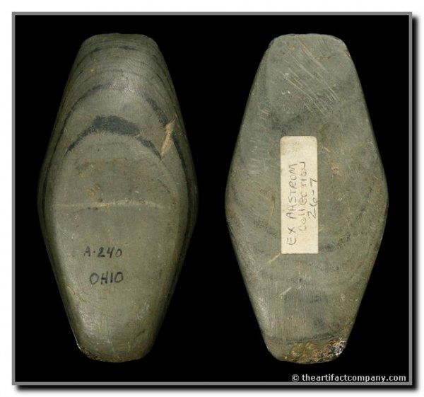 3 15/16" Undrilled Adena Expanded Center Gorget: Undrilled. Ohio. Green Banded Slate. Ex - Ashtrom Collection. Davis (2004)