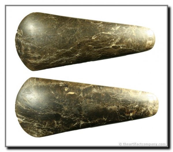 7 1/2" Taino Teardrop Celt: Caribbean Island/Central American Type. Heavy Polish. Black/Brown mottled High Grade stone. Davis G-9 (2004)